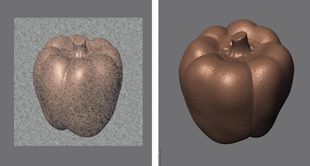 Digital Sculpting with Mudbox the edges of floret to separate it visually from the body of the pepper, as seen in Figure 2.24. At this point, you should have a recognizable sculpture of a bell pepper.
