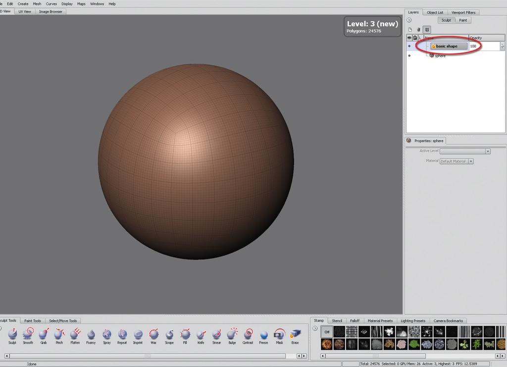 Digital Sculpting with Mudbox FIG 2.15 Before Starting to Sculpt, Create a New Sculpt Layer and Subdivide the Sphere Twice.