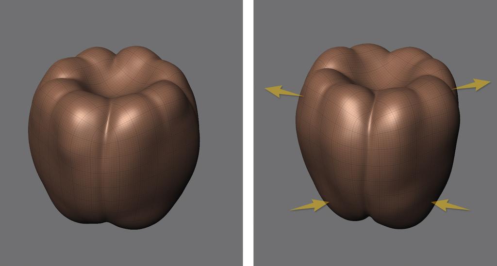Introduction to Mudbox FIG 2.20 Use a Combination of the Grab and Bulge Tools to Shape the Bottom of the Sphere. By This Point, You Should Be Getting a Feel of How the Sculpting Tools Work. FIG 2.21 Use the Grab Tool to Give the Pepper Its Characteristic Bell Shape.
