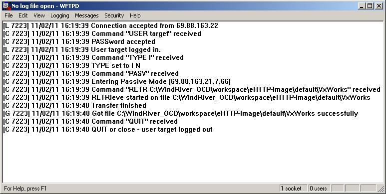 Figure 4: The WFTPD FTP server. Here the SBC has successfully downloaded a kernel image.