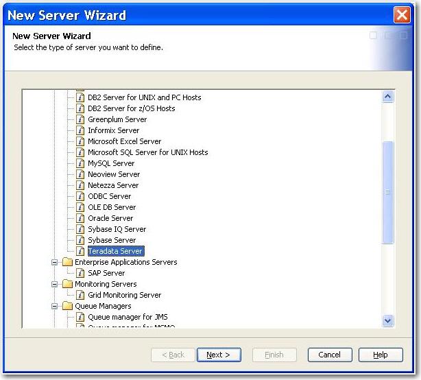 2. Select Teradata Server (under Database