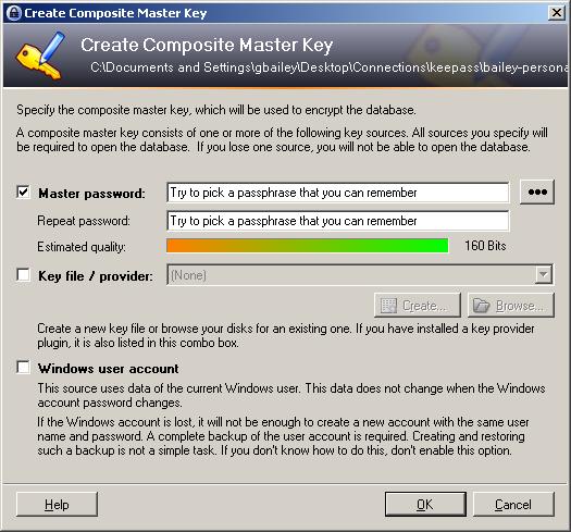 Figure #3: Creating a KeePass master password. 5. Your KeePass database is almost ready to use.