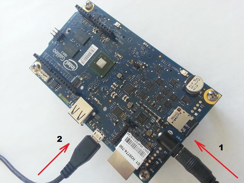 Installing the Firmware Updater Tool Figure 2 Connect the power supply before the USB data cable on Intel Galileo Gen 2 Note: For more information regarding USB ports, refer to the Intel Galileo
