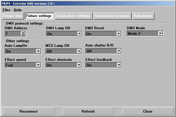 Using MUM 7 4.6 Optional functions, Fixture settings The Fixture settings tab displays settings for the fixture that are generally associated with running the fixture under DMX control.