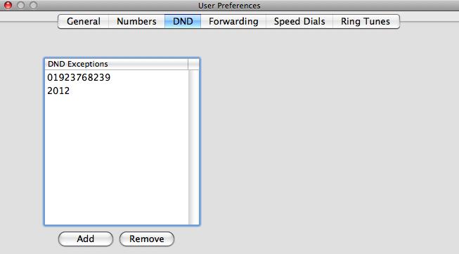 Entering a DND Exception Number 1. From the Edit menu select Settings On an Apple Mac PC: 2. Select the DND page 3. Click on the Add button (a new entry will be added to the DND Exceptions list) 4.