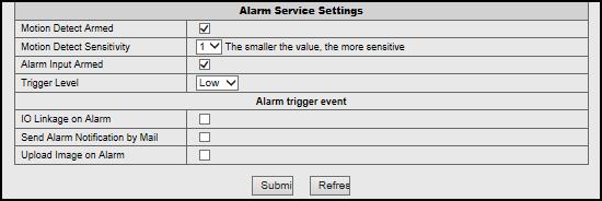 Alarm Service Settings Select this menu option to configure alarm, email, and FTP server settings. Configure the Alarm Settings Click Alarm Service Settings to customize the alarm settings.