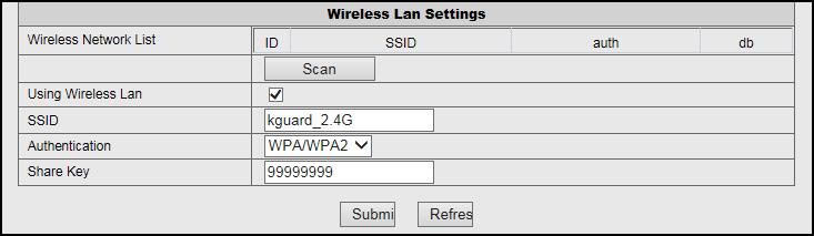 Configure the WLAN Settings Click Wireless Lan Settings to configure the wireless network settings. Scan: Click to search for available wireless router(s).