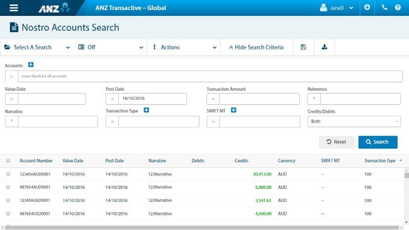 NOSTRO ACCOUNTS SEARCH Menu > Reporting > Nostro Accounts Search This screen allows you to perform a search for Nostro account transactions using a combination of different criteria.