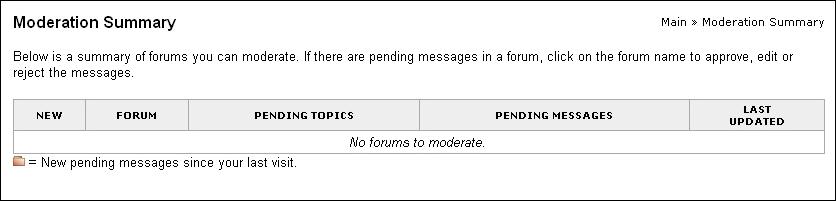 Accept or Reject Pending Messages without Editing 1. Click the Content tab. 2. Click Moderation Summary on the left navigation bar. 3. Click a forum to view a list of pending threads. 4.
