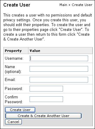 3. Enter the following information in the create user form: a. Username Name (required) b. Full name (optional) c. Email address (required) d. Enter a default password. e.