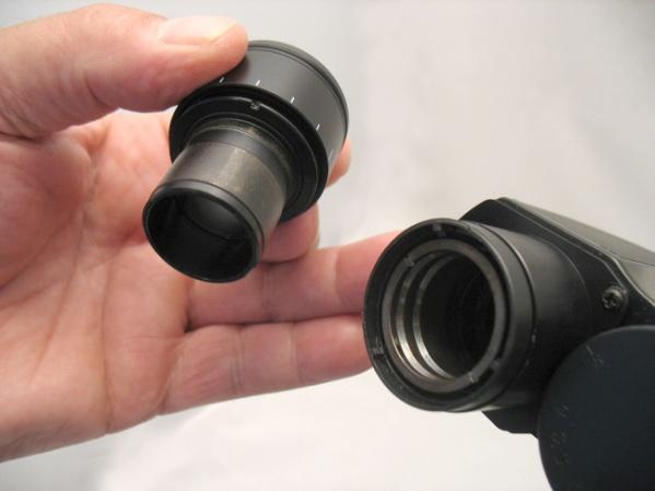 Insert the eyepiece into the left eyepiece tube by aligning the notches on the eyepiece slightly to the left of the tabs on the eyepiece tube;