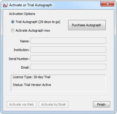 14. Double-click on the Autograph 3.3 shortcut on the desktop. The Activate or Trial Autograph dialog will open, as in Figure 13. If you are trialing Autograph click Finish and Autograph will open.
