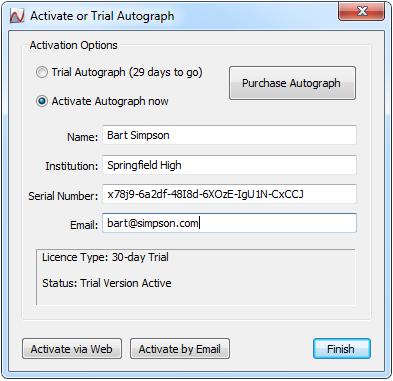 15. Select Activate Autograph now and enter your Name, Institution (if applicable), Serial Number and Email. There are two methods of activation: a.