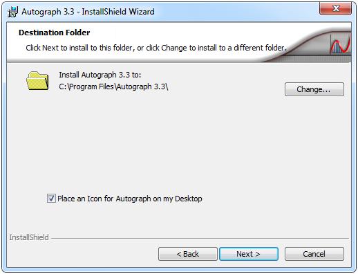 6. You can change the folder that Autograph is installed to in the Destination Folder dialog in