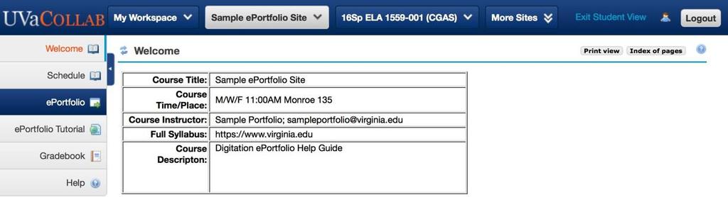 Creating Your eportfolio Figure 1 Go to your UVaCollab site and click on the eportfolio button in the menu bar.