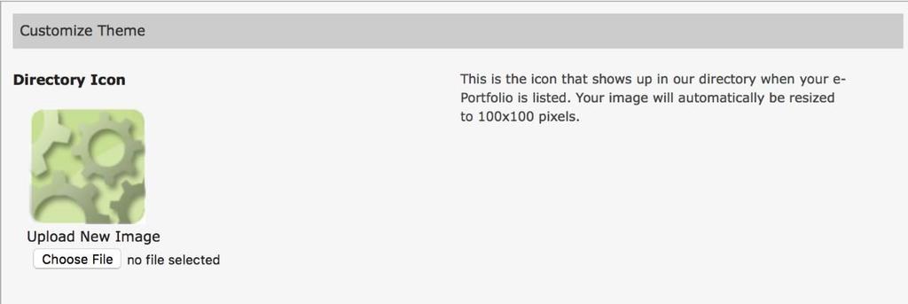 Upload New Image: This allows you to select an image to represent this eportfolio in the course list as well as the directory. Click the Choose File button to upload an image from your computer.