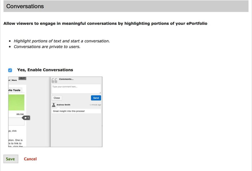 Conversations: Settings for commenting on specific portions of text (works, sentences, paragraph, etc.) in your work.