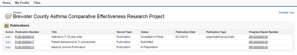 3.5.2 Updating Submitted Publications When viewing your projects, you can update exiting Publications at any point through the Project page. 1. Navigate to the Project Detail page. 2.