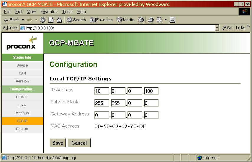 Application Note 51306 TCP/IP Configuration page: proconx GCP-MG Communication Gateway Connections for the GCP-MG
