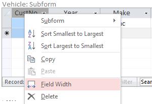 Select Column Width and choose Best Fit from the dialog box. Close and answer Yes to save the form when prompted. Modify the Subform Width: Open the Customer form in Design view.