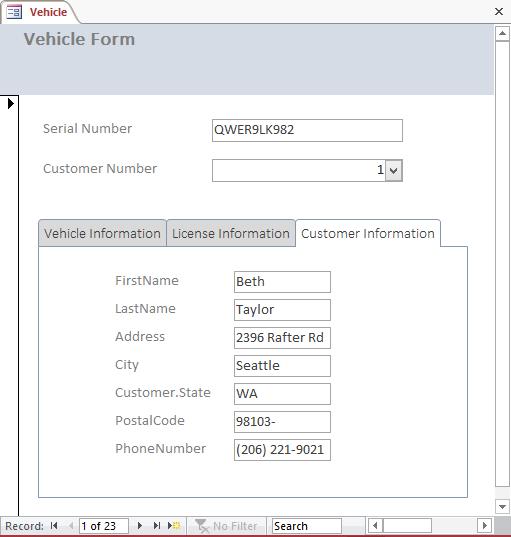 7/9/14 Chapter 5: Hierarchical Form Lab Page 46 Figure 48: Completed Vehicle Form 5.6.3 Using Conditional Formatting An important feature first introduced in Access 2003 for both forms and reports is called conditional formatting.