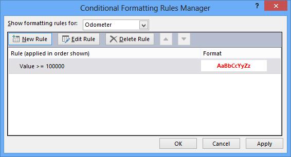 7/9/14 Chapter 5: Hierarchical Form Lab Page 49 Figure 53: Formatting Rule Displayed in the Conditional Formatting Window Figure 54: Bold, Red Formatting for a High-Mileage Vehicle 5.6.