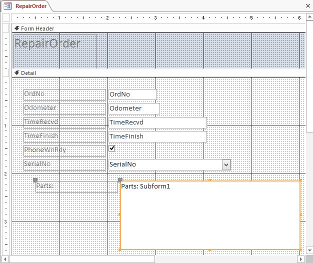7/9/14 Chapter 5: Hierarchical Form Lab Page 6 Figure 7: Design View for the RepairOrder Form 5.1.2 Customizing a Form You will customize this form similar to what you did in Chapter 4.