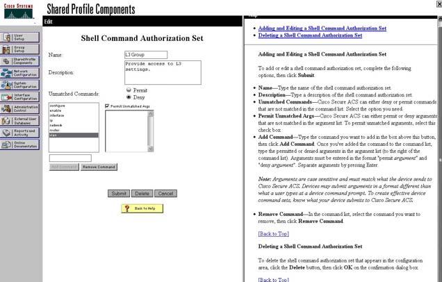 TACACS+ server configuration examples 299 Shared Profile Components window - defining the command