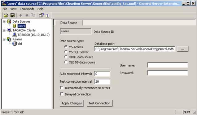 300 Appendixes End Configuration example: ClearBox server Procedure steps Step Action 1 Run the General Extension Configurator and configure the user data source (see the following figure) In this