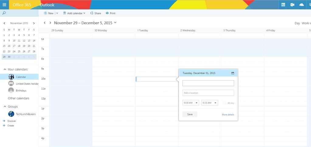 2 CREATING MEETINGS THROUGH THE CALENDAR O365 Calendar Meetings where any number of contacts can attend can be scheduled through the O365 Calendar.