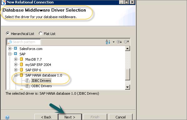 To set up a connection to HANA database, select SAP HANA database 1.0 from the driver selection screen.