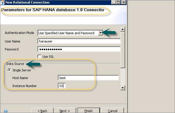 Note that to connect to HANA database, you should have the following information: Host Name Instance Number User