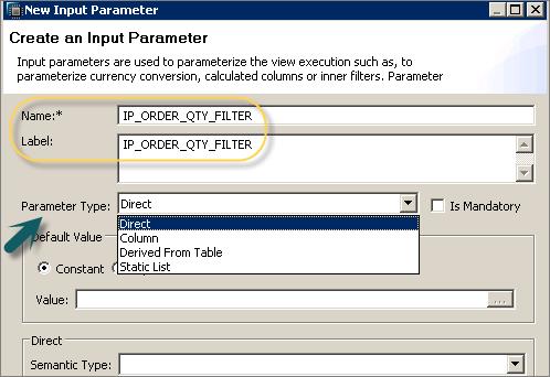 Column: This parameter type allows you to select any value from the list of distinct values available in a column in HANA view.