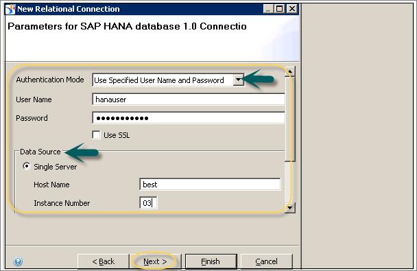In the next window, enter the Authentication mode, user name and password. Enter SAP HANA host name and Instance number, then click Next.