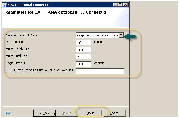 When you click the Finish button, this will create a new Relational Connection pointing to SAP HANA database with.cnx file extension.
