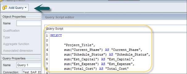 When you select a Relational connection, a tool provides a query script editor to write the query.