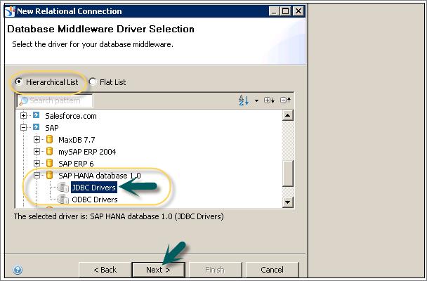 Right-click on Project name -> New -> Select Relational Connection -> Enter connection/resource name -> Next. Select SAP from the list -> SAP HANA -> Select Drivers JDBC -> Next -> Enter details.