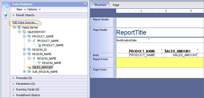 Once the Crystal Report is created using a query, to make changes to the objects you have to go to the Edit Data Sources option.