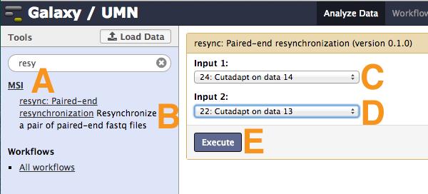 FASTQ files. To ensure that the read names are in sync MSI Galaxy has the resync: Paired-end resynchronization tool. a) Select the MSI header from the Tool Pane.