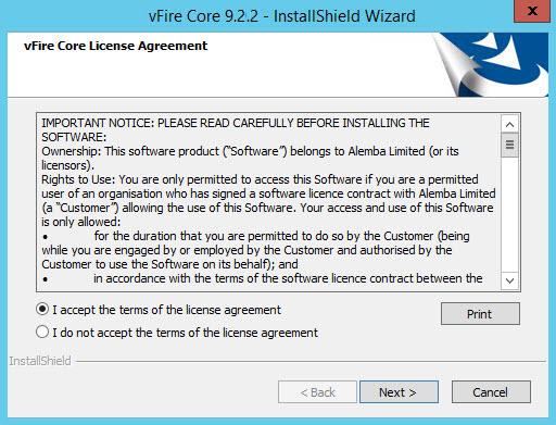 7. In the vfire Core License Agreement window, read the terms and conditions. 8.