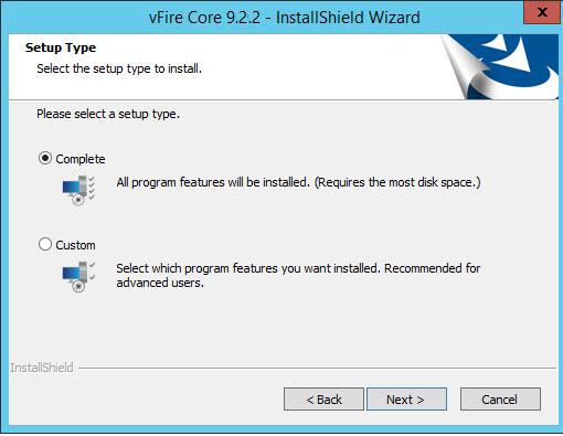 11. The Setup Type window appears. 12. Select Complete to install vfire Core into the default directory: C:\Program Files(x86) \Alemba\vFire. This is the recommended option. 13.