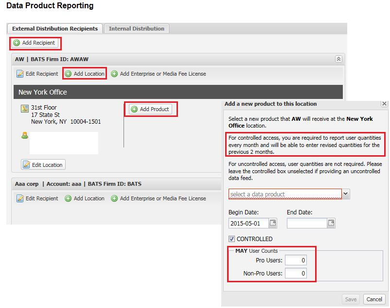 Reporting for External and Internal Controlled Data Recipients (via GUI) Adding a new Controlled Data Recipient: Select either the External Distribution (for External Data Recipients and/or Data