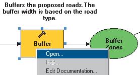 8. Right-click the Buffer tool element in the model and click Open to open the tool s dialog box. Q 8 A description for the tool is displayed in the Help panel by default. 9.