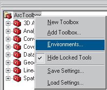 Right-click the ArcToolbox window and click Environments to open the Environment Settings dialog box for the application.