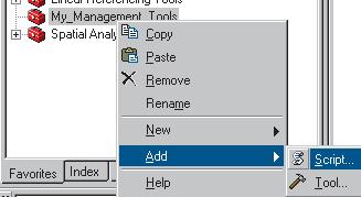 Adding a script to your toolbox 1. Right-click your My_Management_Tools toolbox in the ArcToolbox window, point to Add, and click Script. 5. Click Next. 2 1 3 2.