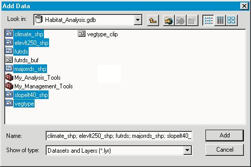 Starting ArcMap and adding data You ll start by opening ArcMap and adding the feature classes you created in the Habitat_Analysis geodatabase. 1.