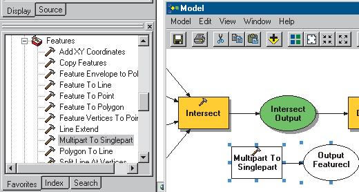Type Singlepart Output and click OK. 9. Right-click the Singlepart Output derived data element and click Add To Display. 10. Right-click the Multipart To Singlepart tool and click Run. 11.