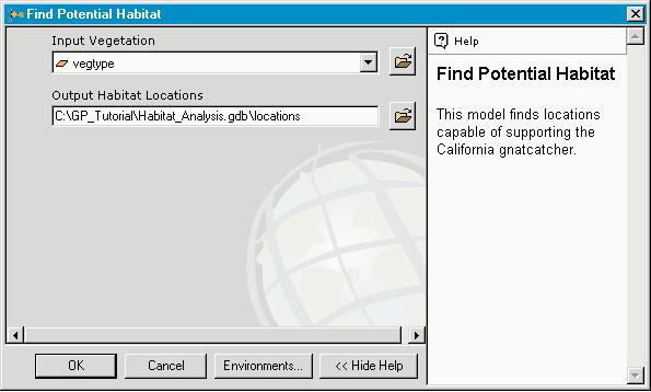 Running the model from its dialog box 1. Right-click the Find Potential Habitat model in the ArcToolbox window and click Open. 4 3 1 You now have two parameters displayed on the model s dialog box. 2.