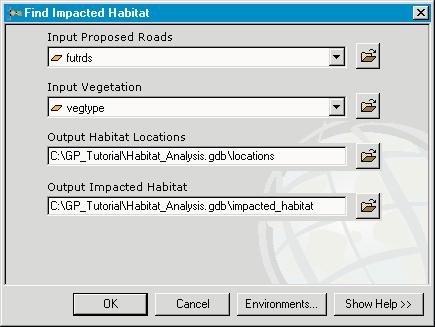 Running the model 1. In the ArcToolbox window, double-click the Find Impacted Habitat model to open its dialog box. 2. Click OK to run the model.