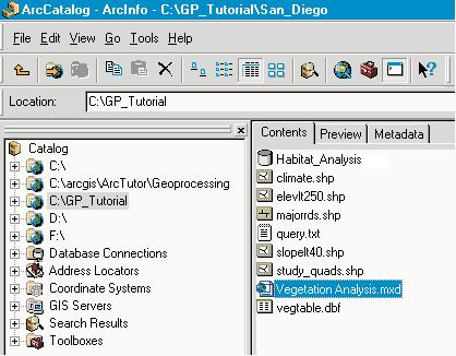 Opening the Vegetation Analysis.mxd 1. Click the connection to your GP_Tutorial folder in the ArcCatalog tree, click the Contents tab, then doubleclick the map document Vegetation Analysis to open it.